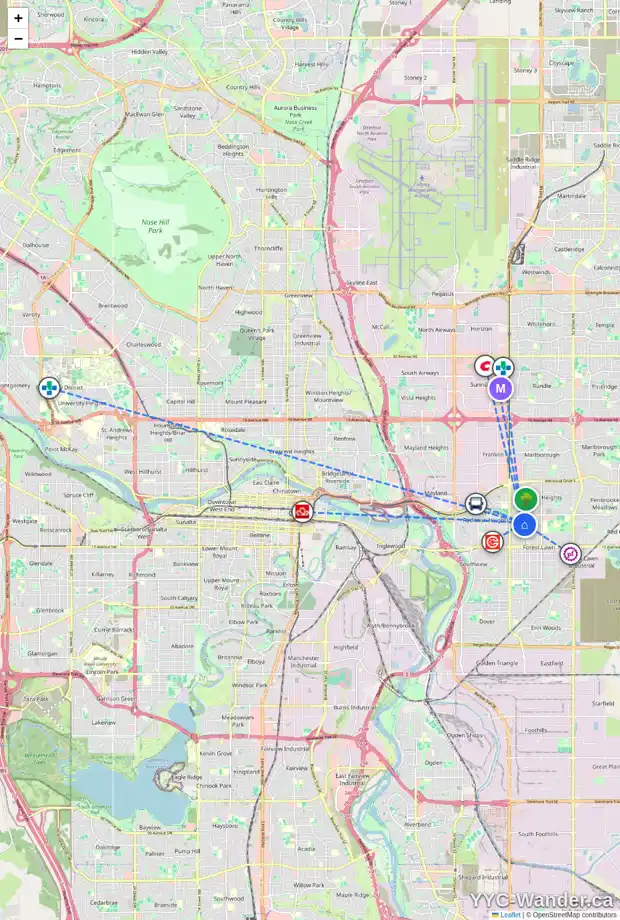 Daily accessibility map for 1118 39 ST SE, Calgary showing nearby schools, grocery stores, parks, LRT stations and nearby amenities