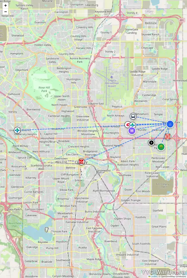 Daily accessibility map for 39 DEL MONICA PL NE, Calgary showing nearby schools, grocery stores, parks, LRT stations and nearby amenities