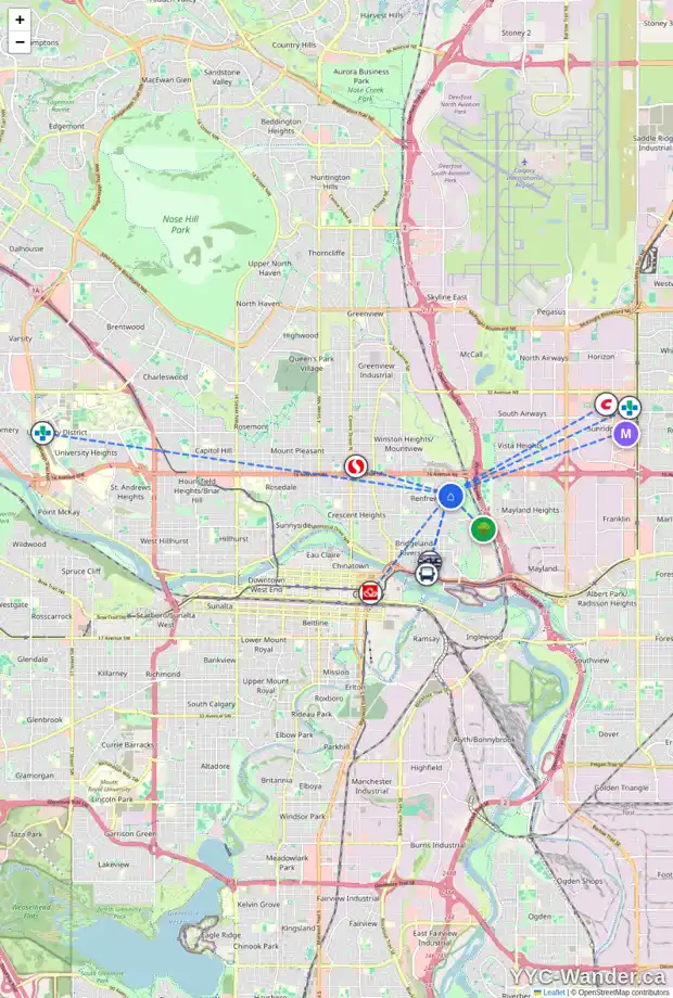 Daily accessibility map for 1408 RICHLAND RD NE, Calgary showing nearby schools, grocery stores, parks, LRT stations and nearby amenities