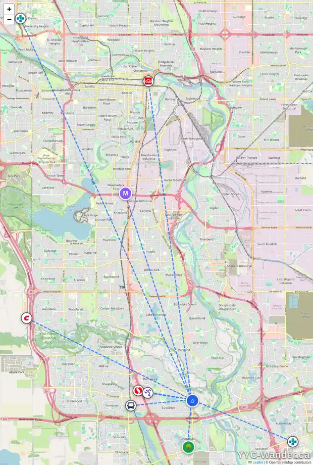 Daily accessibility map for 64 SUNRISE CI SE, Calgary showing nearby schools, grocery stores, parks, LRT stations and nearby amenities