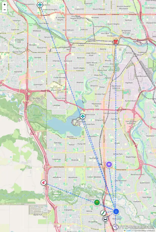 Daily accessibility map for 219 MIDRIDGE CR SE, Calgary showing nearby schools, grocery stores, parks, LRT stations and nearby amenities