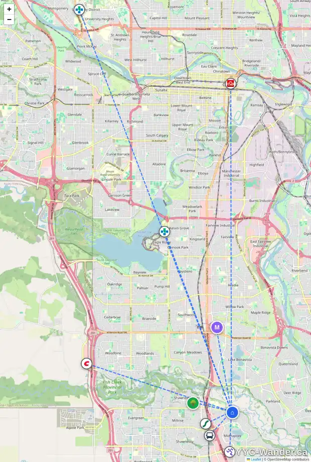 Daily accessibility map for 176 MIDRIDGE CL SE, Calgary showing nearby schools, grocery stores, parks, LRT stations and nearby amenities