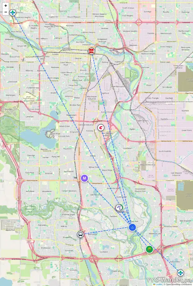 Daily accessibility map for 256 DEER RUN CR SE, Calgary showing nearby schools, grocery stores, parks, LRT stations and nearby amenities