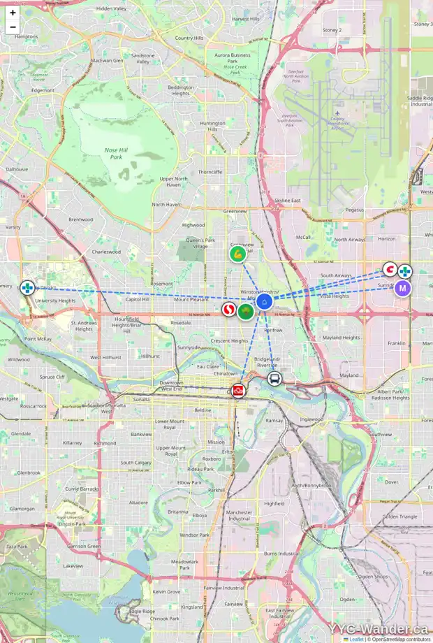 Daily accessibility map for 815 20A AV NE, Calgary showing nearby schools, grocery stores, parks, LRT stations and nearby amenities