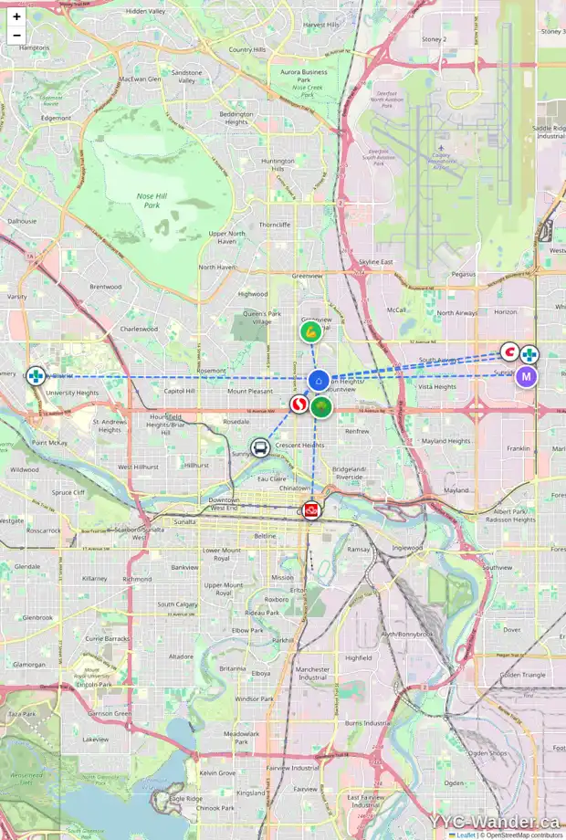 Daily accessibility map for 420 23 AV NE, Calgary showing nearby schools, grocery stores, parks, LRT stations and nearby amenities