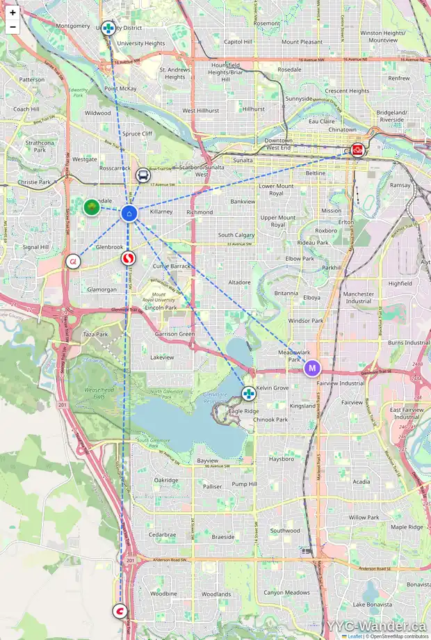 Daily accessibility map for 3807 25 AV SW, Calgary showing nearby schools, grocery stores, parks, LRT stations and nearby amenities