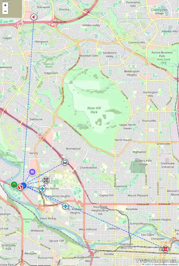 Daily accessibility map for 1908 HOME RD NW, Calgary showing nearby schools, grocery stores, parks, LRT stations and nearby amenities