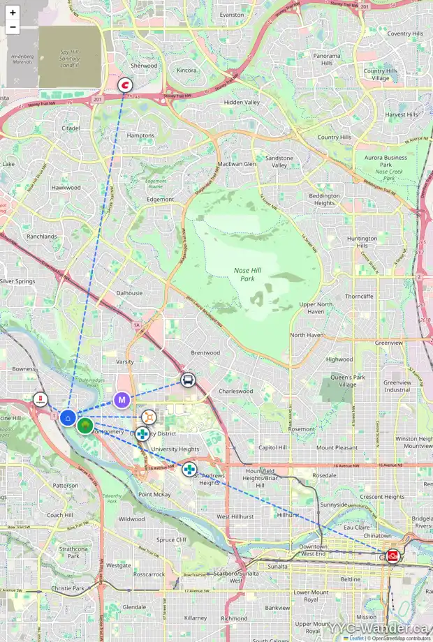 Daily accessibility map for 6360 BOWMONT CR NW, Calgary showing nearby schools, grocery stores, parks, LRT stations and nearby amenities