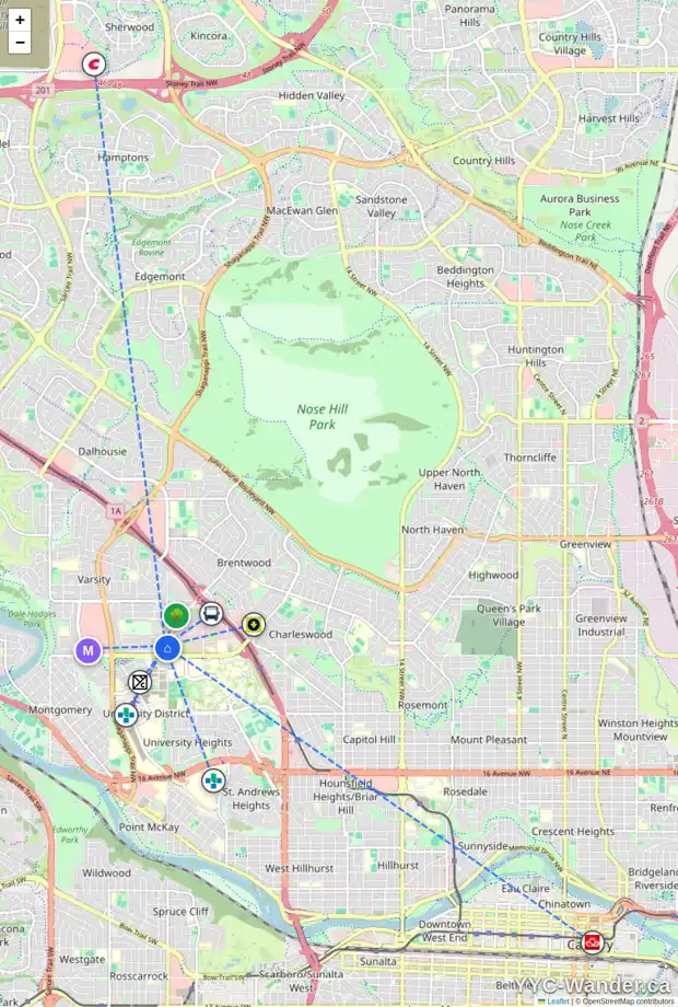 Daily accessibility map for 12 VARBROOK PL NW, Calgary showing nearby schools, grocery stores, parks, LRT stations and nearby amenities
