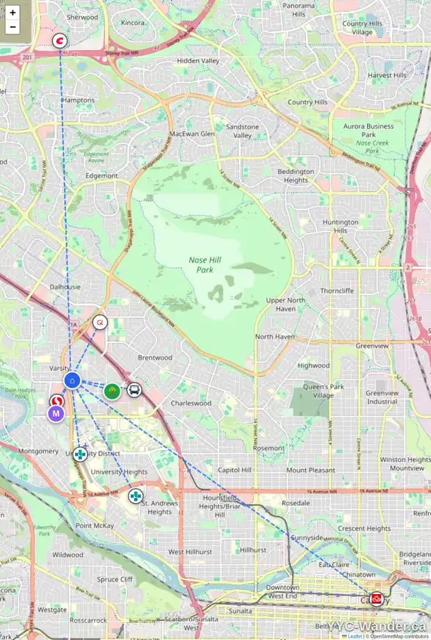 Daily accessibility map for 4507 VANDERGRIFT CR NW, Calgary showing nearby schools, grocery stores, parks, LRT stations and nearby amenities