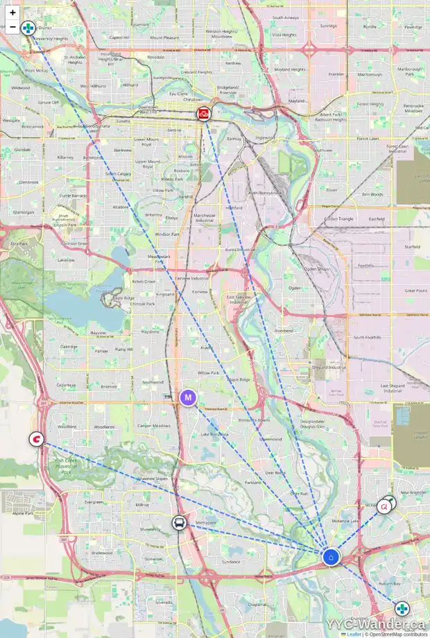 Daily accessibility map for 16 MCKENNA ME SE, Calgary showing nearby schools, grocery stores, parks, LRT stations and nearby amenities