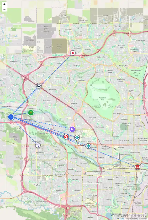 Daily accessibility map for 109 VALLEY RIDGE CO NW, Calgary showing nearby schools, grocery stores, parks, LRT stations and nearby amenities