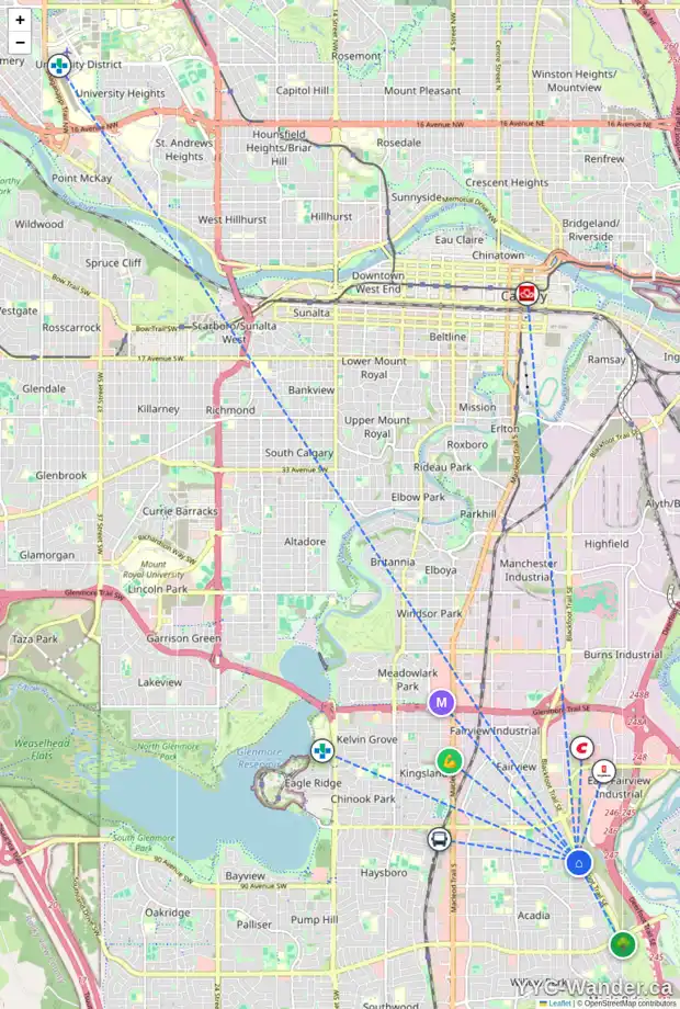 Daily accessibility map for 14 ARLINGTON PL SE, Calgary showing nearby schools, grocery stores, parks, LRT stations and nearby amenities