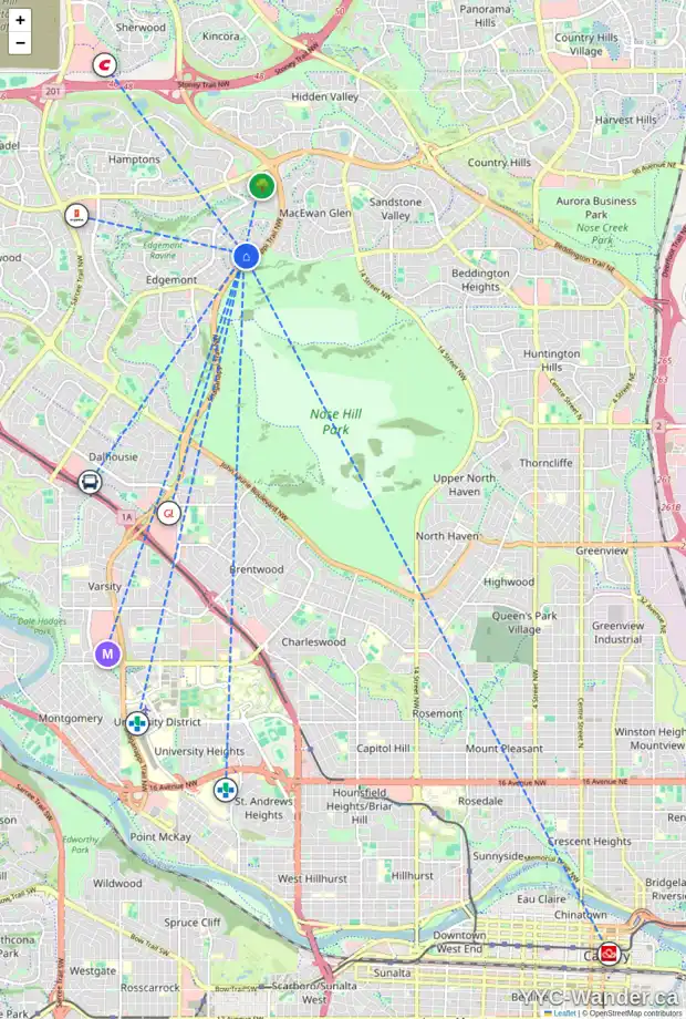 Daily accessibility map for 64 EDGEBROOK PT NW, Calgary showing nearby schools, grocery stores, parks, LRT stations and nearby amenities
