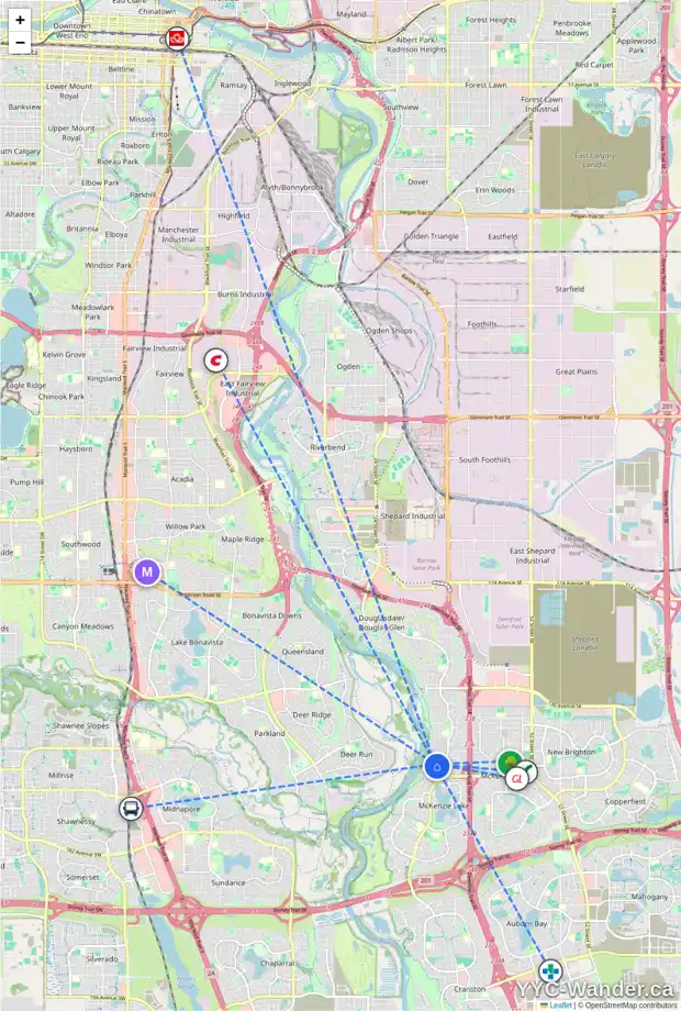 Daily accessibility map for 100 MT SELKIRK CL SE, Calgary showing nearby schools, grocery stores, parks, LRT stations and nearby amenities