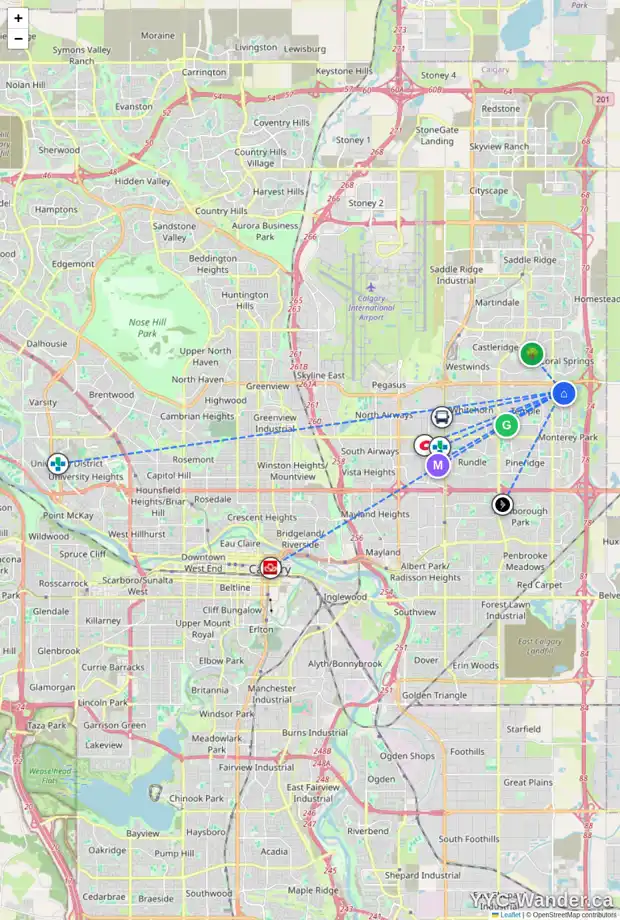 Daily accessibility map for 7994 LAGUNA WY NE, Calgary showing nearby schools, grocery stores, parks, LRT stations and nearby amenities