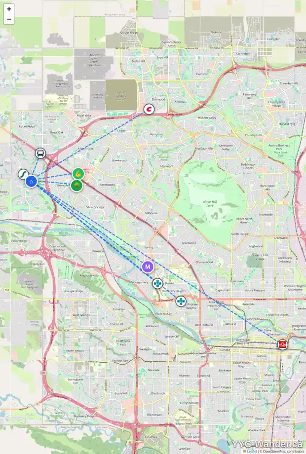 Daily accessibility map for 95 TUSCANY HILLS RD NW, Calgary showing nearby schools, grocery stores, parks, LRT stations and nearby amenities