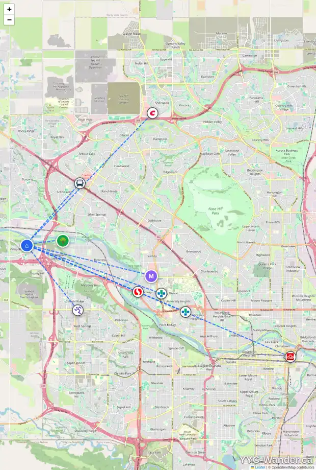 Daily accessibility map for 11059 VALLEY SPRINGS RD NW, Calgary showing nearby schools, grocery stores, parks, LRT stations and nearby amenities