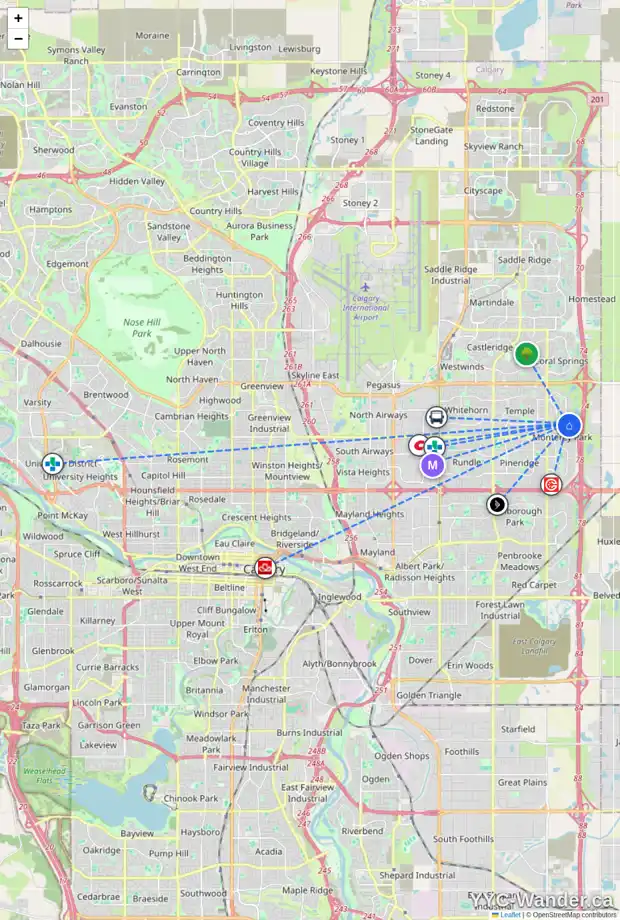 Daily accessibility map for 39 ANAHEIM CO NE, Calgary showing nearby schools, grocery stores, parks, LRT stations and nearby amenities