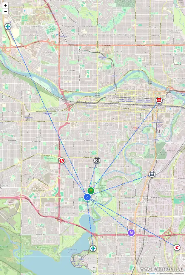 Daily accessibility map for 1712 50 AV SW, Calgary showing nearby schools, grocery stores, parks, LRT stations and nearby amenities