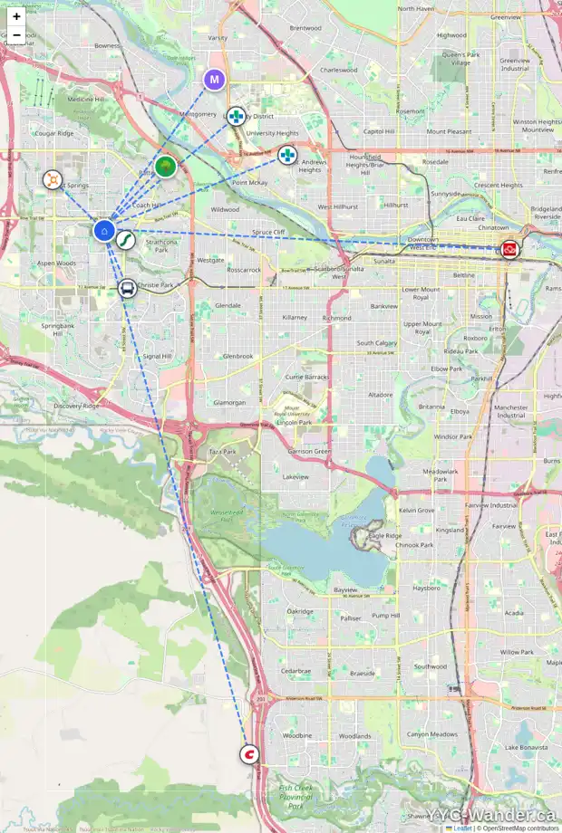 Daily accessibility map for 79 STRATHRIDGE GD SW, Calgary showing nearby schools, grocery stores, parks, LRT stations and nearby amenities