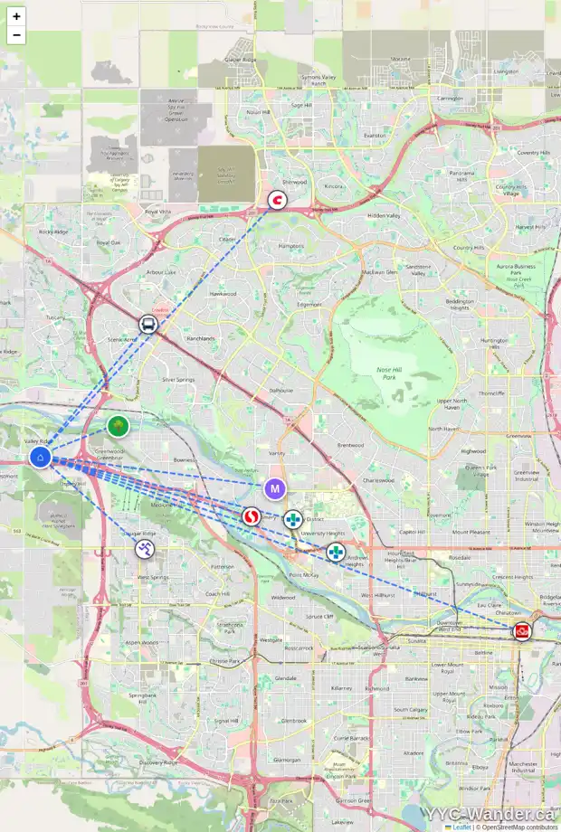 Daily accessibility map for 42 VALLEY RIDGE HT NW, Calgary showing nearby schools, grocery stores, parks, LRT stations and nearby amenities