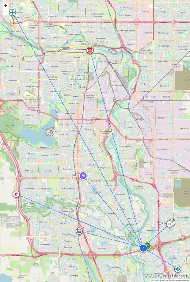 Daily accessibility map for 110 MT GIBRALTAR HT SE, Calgary showing nearby schools, grocery stores, parks, LRT stations and nearby amenities