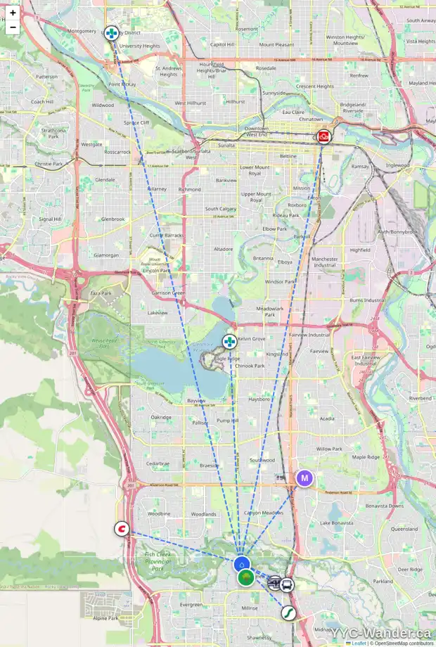 Daily accessibility map for 220 SHAWNEE GD SW, Calgary showing nearby schools, grocery stores, parks, LRT stations and nearby amenities