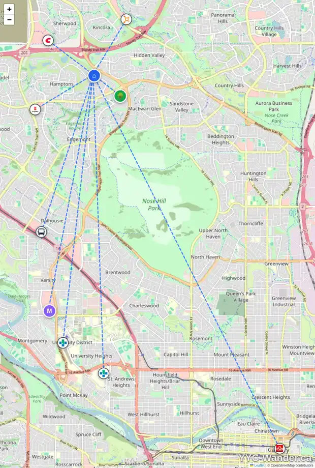 Daily accessibility map for 35 HAMPSTEAD RI NW, Calgary showing nearby schools, grocery stores, parks, LRT stations and nearby amenities
