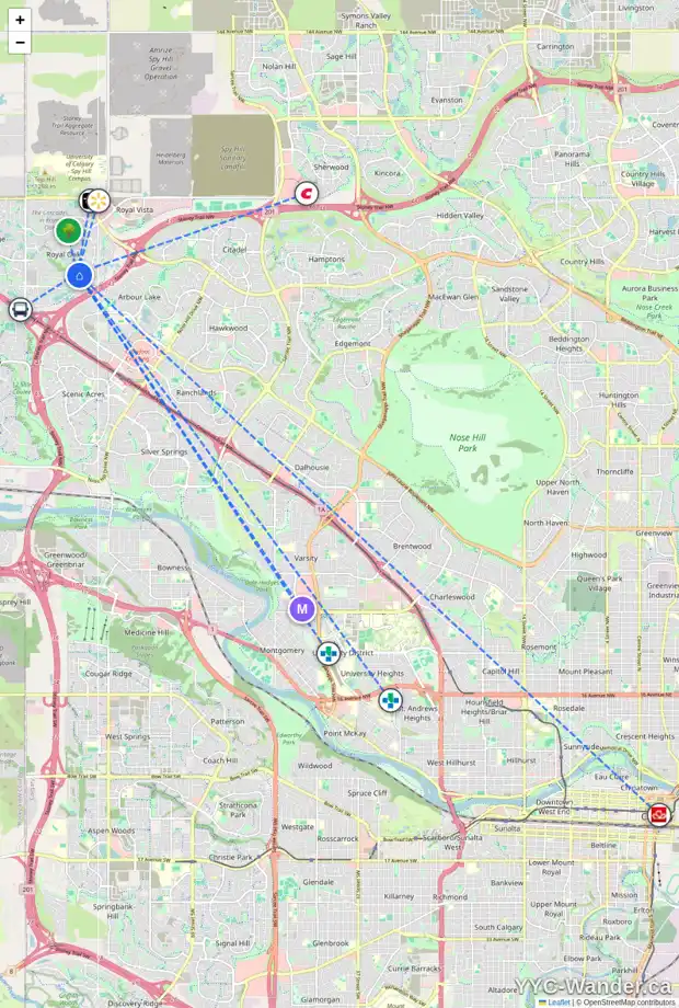 Daily accessibility map for 45 ROYAL RIDGE HL NW, Calgary showing nearby schools, grocery stores, parks, LRT stations and nearby amenities
