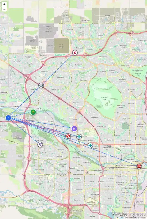Daily accessibility map for 58 VALLEY CREEK RD NW, Calgary showing nearby schools, grocery stores, parks, LRT stations and nearby amenities