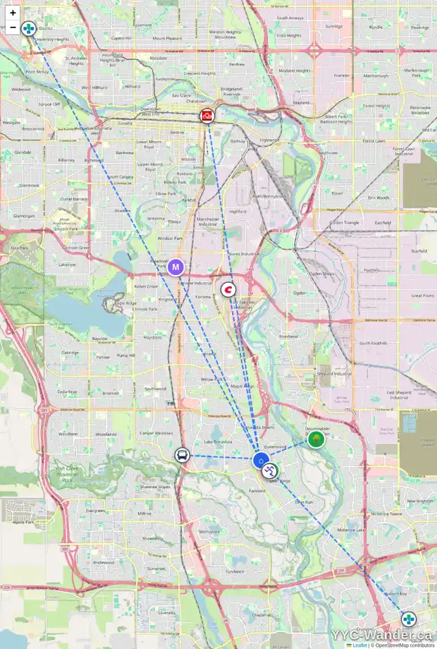 Daily accessibility map for 11 QUEEN ISABELLA CL SE, Calgary showing nearby schools, grocery stores, parks, LRT stations and nearby amenities