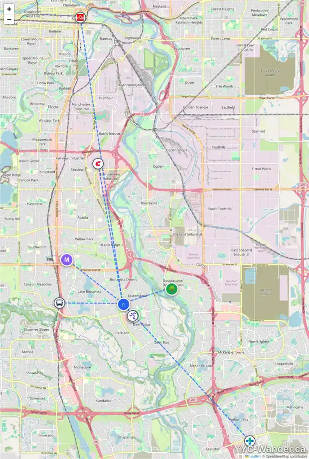 Daily accessibility map for 91 QUEEN ALEXANDRA CL SE, Calgary showing nearby schools, grocery stores, parks, LRT stations and nearby amenities