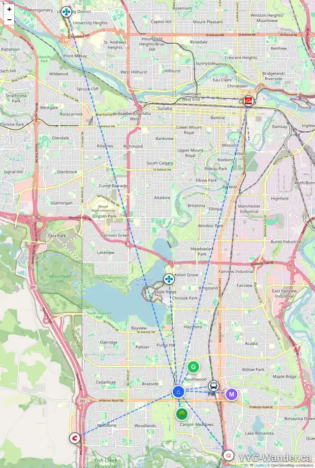 Daily accessibility map for 1356 SOUTHDALE CR SW, Calgary showing nearby schools, grocery stores, parks, LRT stations and nearby amenities