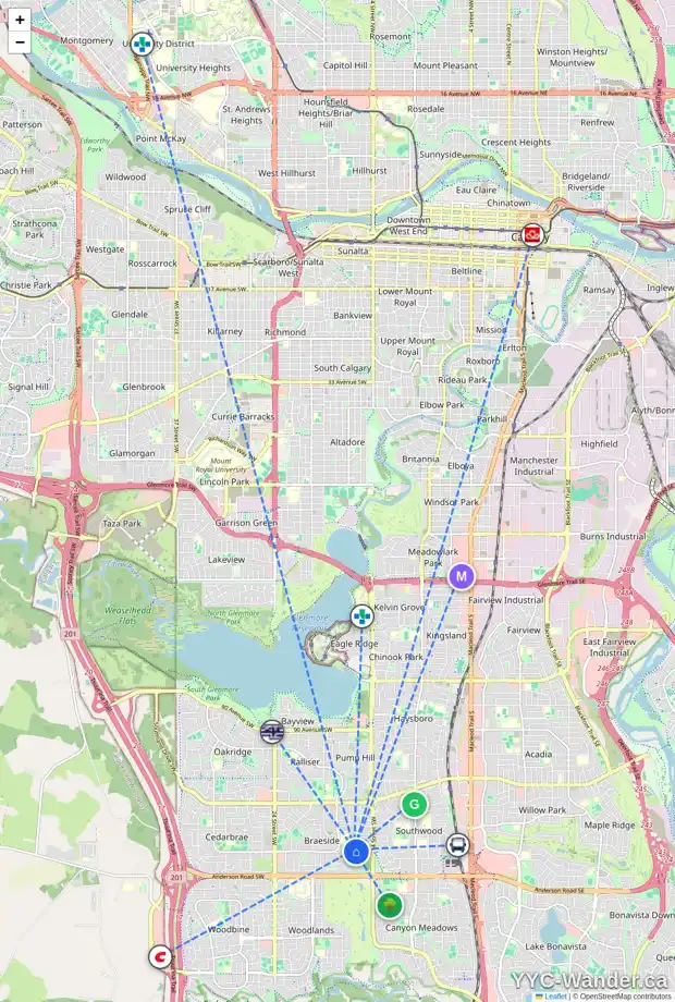 Daily accessibility map for 1707 110 AV SW, Calgary showing nearby schools, grocery stores, parks, LRT stations and nearby amenities