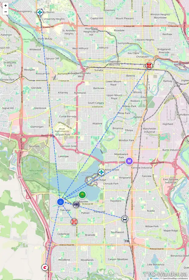 Daily accessibility map for 119 OAKFERN RD SW, Calgary showing nearby schools, grocery stores, parks, LRT stations and nearby amenities