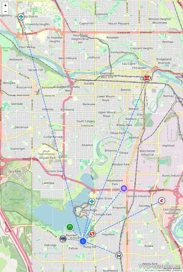 Daily accessibility map for 96 PUMP HILL LD SW, Calgary showing nearby schools, grocery stores, parks, LRT stations and nearby amenities