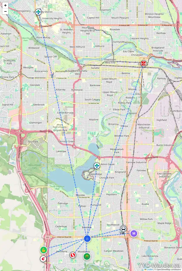 Daily accessibility map for 579 WOODPARK CR SW, Calgary showing nearby schools, grocery stores, parks, LRT stations and nearby amenities