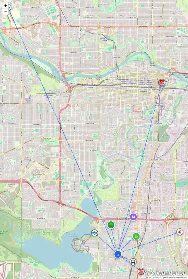 Daily accessibility map for 907 80 AV SW, Calgary showing nearby schools, grocery stores, parks, LRT stations and nearby amenities