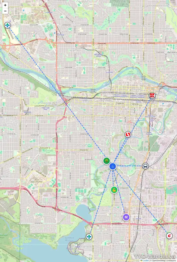 Daily accessibility map for 817 RIVERDALE AV SW, Calgary showing nearby schools, grocery stores, parks, LRT stations and nearby amenities