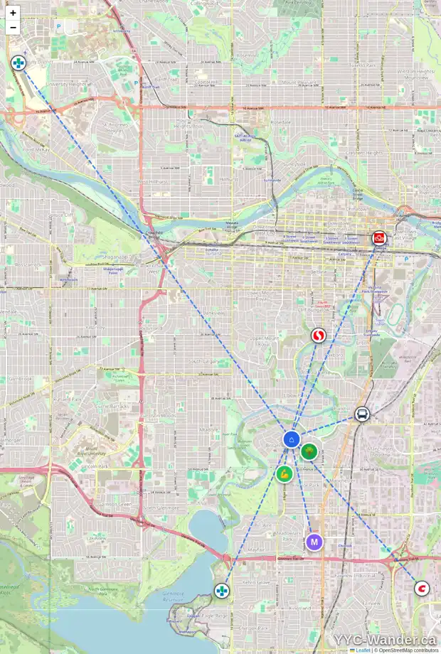 Daily accessibility map for 703 MADISON AV SW, Calgary showing nearby schools, grocery stores, parks, LRT stations and nearby amenities