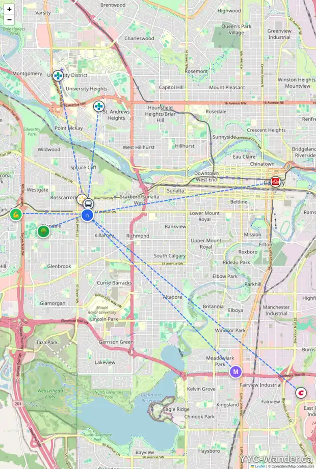 Daily accessibility map for 1915 34 ST SW, Calgary showing nearby schools, grocery stores, parks, LRT stations and nearby amenities
