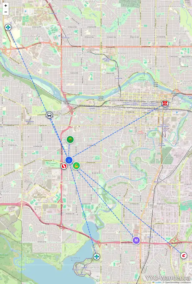 Daily accessibility map for 2236 32 AV SW, Calgary showing nearby schools, grocery stores, parks, LRT stations and nearby amenities
