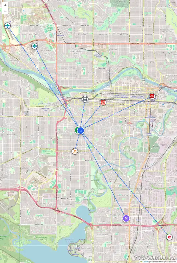 Daily accessibility map for 2424 17A ST SW, Calgary showing nearby schools, grocery stores, parks, LRT stations and nearby amenities