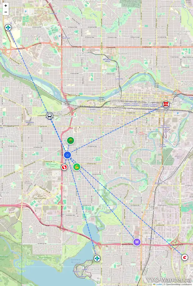 Daily accessibility map for 2411 29 AV SW, Calgary showing nearby schools, grocery stores, parks, LRT stations and nearby amenities