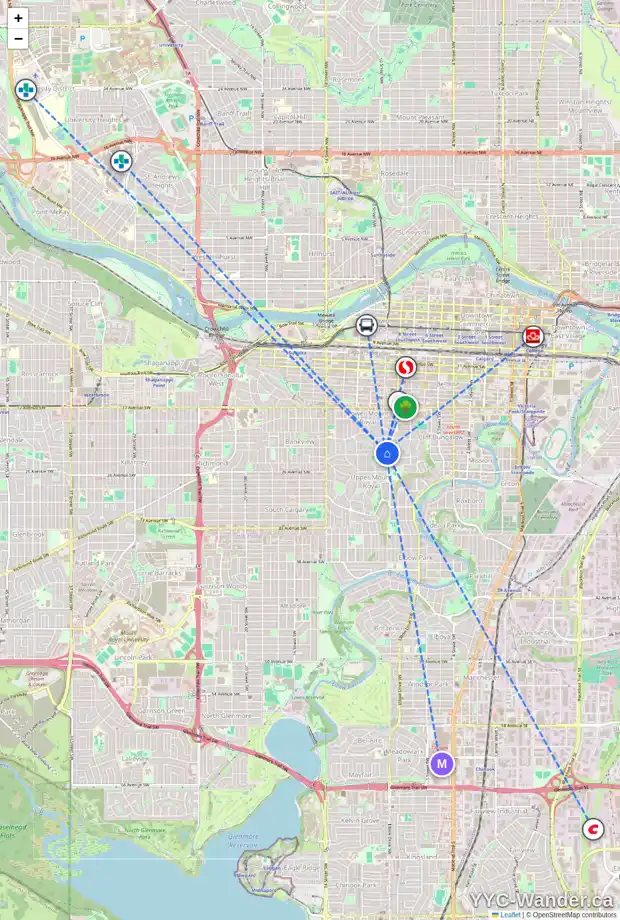 Daily accessibility map for 1004 PROSPECT AV SW, Calgary showing nearby schools, grocery stores, parks, LRT stations and nearby amenities