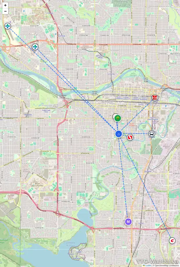 Daily accessibility map for 805 PROSPECT AV SW, Calgary showing nearby schools, grocery stores, parks, LRT stations and nearby amenities