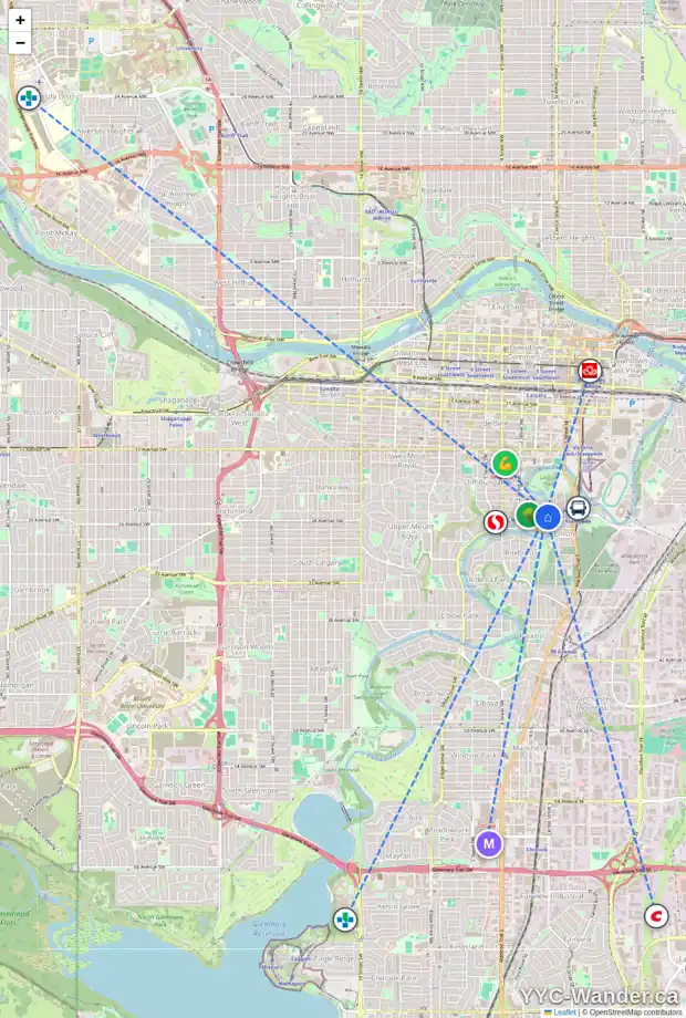 Daily accessibility map for 101B 24 AV SW, Calgary showing nearby schools, grocery stores, parks, LRT stations and nearby amenities