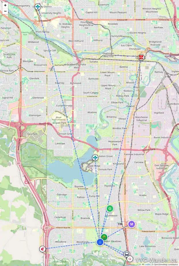 Daily accessibility map for 364 CANTERVILLE DR SW, Calgary showing nearby schools, grocery stores, parks, LRT stations and nearby amenities