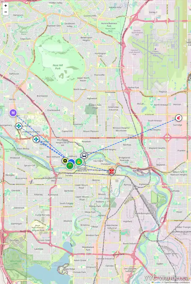 Daily accessibility map for 1651 WESTMOUNT RD NW, Calgary showing nearby schools, grocery stores, parks, LRT stations and nearby amenities